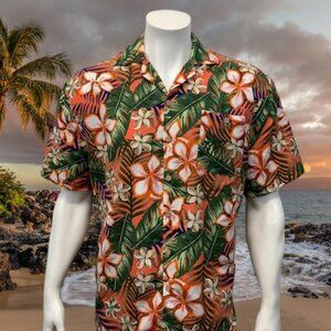 UZZI AMPHIBIOUS GEAR Orange-Green Hawaiian Tropical Vacation Shirt Size Large
